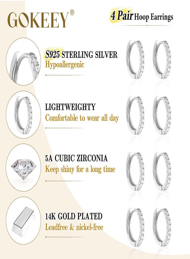 Gokeey 4 Pairs Sterling Silver Small Hoop Earrings Set Tiny Lightweight Cubic Zirconia Cuff Huggie Earrings Mini Hoops Cartilage Silver Piercing Jewelry for Women - Image 5